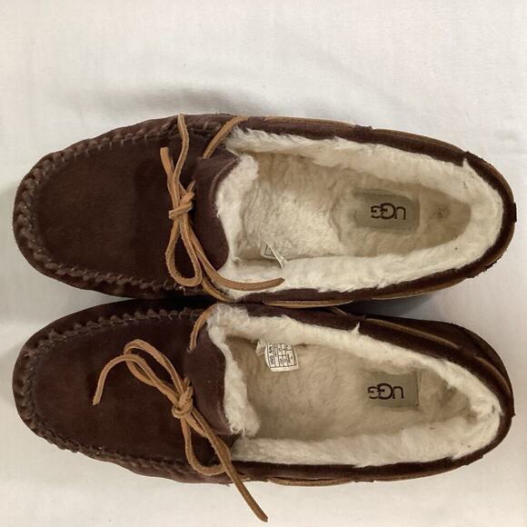 UGG Suede Leather Sheepskin Sherpa Lined Moccasin Slippers Women 10 Brown Warm - Picture 5 of 6